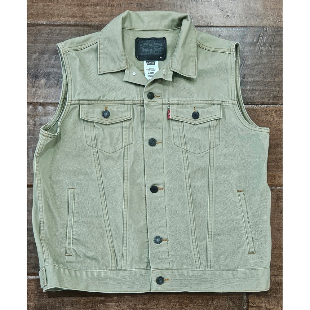 Western Boho Levis Kids XL Denim Trucker Vest Olive Khaki Sleeveless 13-15 yrs
